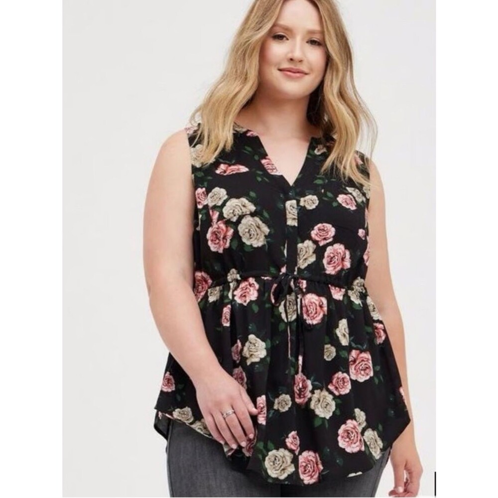 Como Vintage Black Floral Ruffle Peplum Blouse with Pink Roses